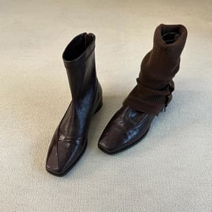 Leather Version~ Retro Low Heel Slim Boots, Inner Height Increase Square Toe Slim Fit Elastic Boots for Women, Versatile Commute Elegant Short Boots