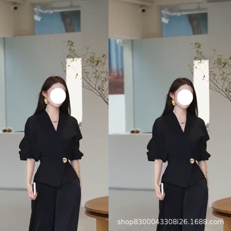 Trending Premium Solid Color Refined Commuter Top and Slimming Wide-Leg Pants Two-Piece Set