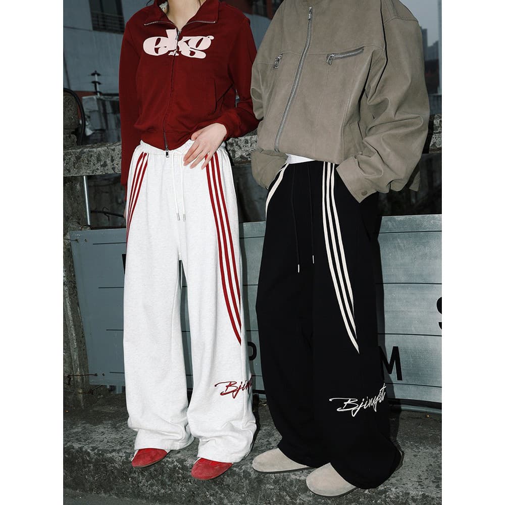 Three-dimensional hemmed trousers, American retro three-stripe casual pants, men's spring and autumn straight loose sports pants