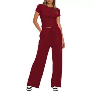 2026 Cross-Border EU US Amazon New Solid Casual Long Sleeve Set Top High Waist Wide Leg Pants Sportswear