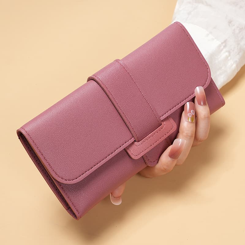Women's Long Tri-Fold Flap Wallet, Korean Style, Fresh Student Coin Pocket, Multi-Function Buckle Leather Wallet for Export