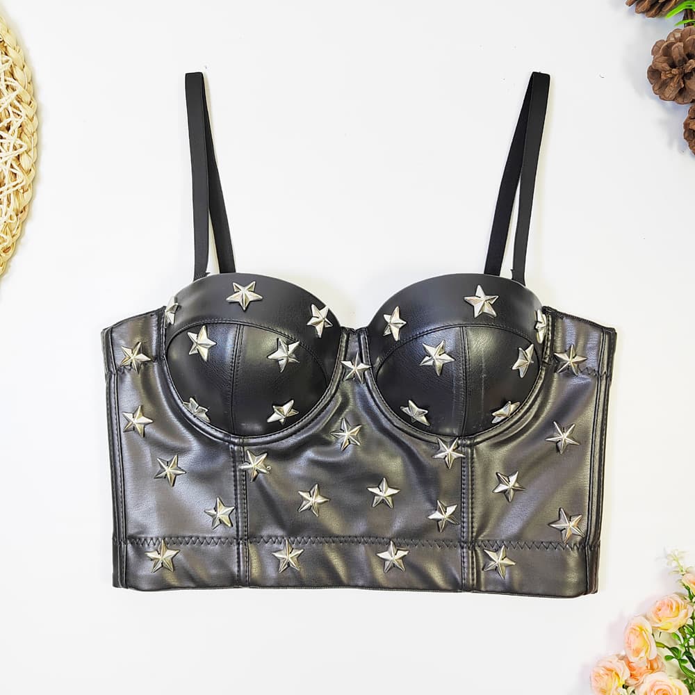 Amazon Cross-Border PU Leather Sling Outerwear Large Chest Small Vest Korean Style Dancer Vest Off-Shoulder Beaded Tube Top