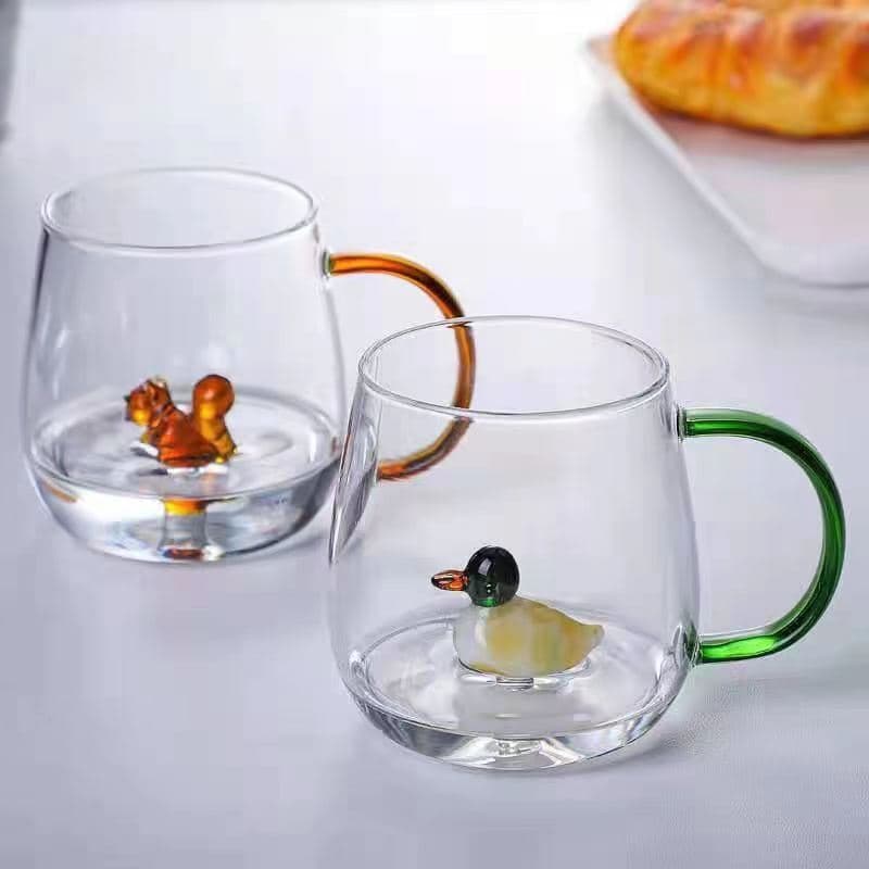 New three-dimensional glass cup with colorful handle, cartoon animal glass cup, high borosilicate heat-resistant glass gift glass cup