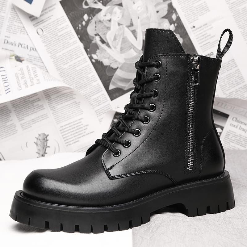 Trendy soft leather men's high-top Martin boots, size 45, mid-top leather shoes, winter thick-soled fleece-lined warm cotton shoes