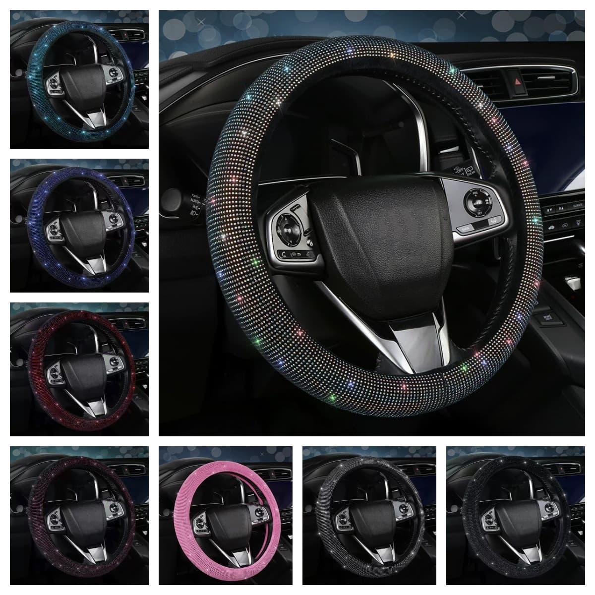 New Car Steering Wheel Cover Hand-Stitched Handle Cover Premium Anti-Slip Sweat-Absorbing Rhinestone Full Diamond Protection Interior