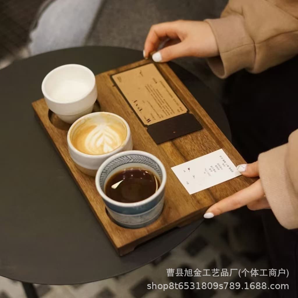 Wooden Coffee Cup Tray Desktop Ceramic Cup Storage Solid Wood Tray Three-Compartment Beverage Wood Tray Snack Tea Tray