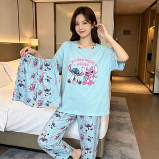 3-Piece Pajama Set for Women Summer Short Sleeve Long Pants Cartoon Loose Pajamas Women Summer Homewear Suit