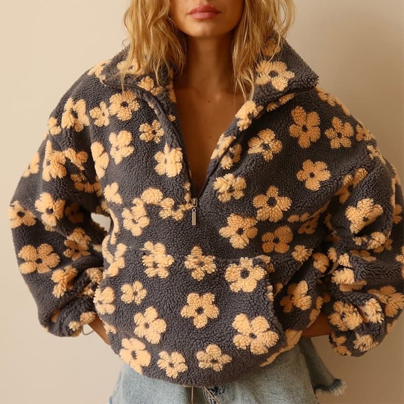 European and American Cross-border Women's Clothing 2025 Autumn New Fashion Faux Shearling Print Loose Zipper Hoodie Long Sleeve Top