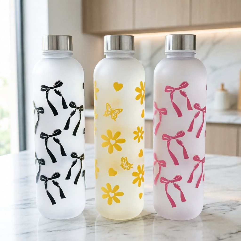 New cross-border 1000ML plastic cup small fresh female student cup frosted bow flower pattern water cup wholesale