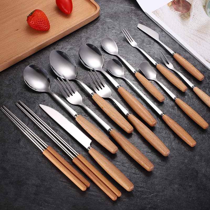 Japanese Wooden Handle Cutlery Vintage Beech Wood Stainless Steel Spoon Fork Home Knife Fork Spoon Creative Coffee Spoon Fruit Fork