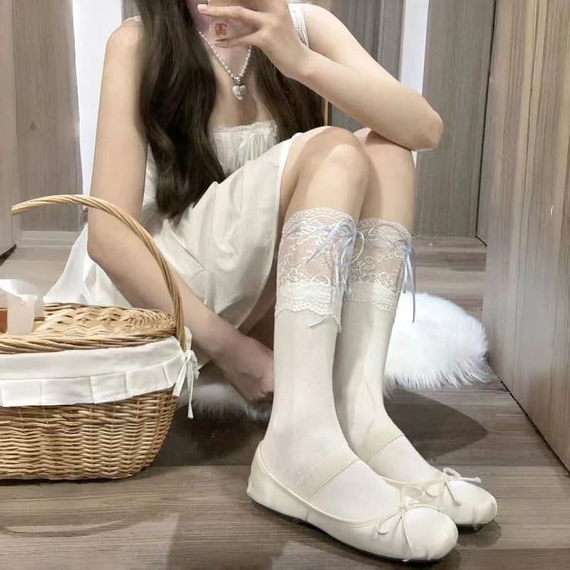 Ballet Style Girl Spring Summer Ribbon Bow Mid-Calf Socks Lace Trim Milk White Sweetheart Stacking Socks