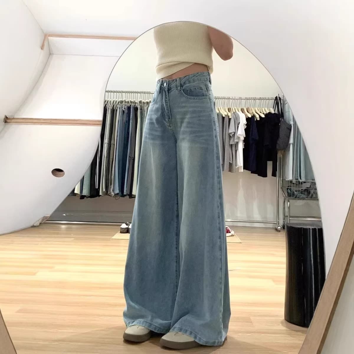 Korean-style wide-leg long pants high-waist jeans for women 2026 spring summer loose fit flattering versatile floor-length pants niche style