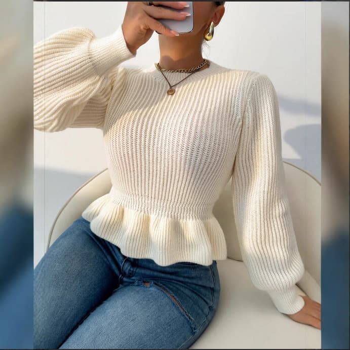 Women's Fall/Winter Knit Sweater with Ruffle Hem, Round Neck, Waist-Tightening Slim Fit, New Arrival for Cross-Border E-Commerce, White