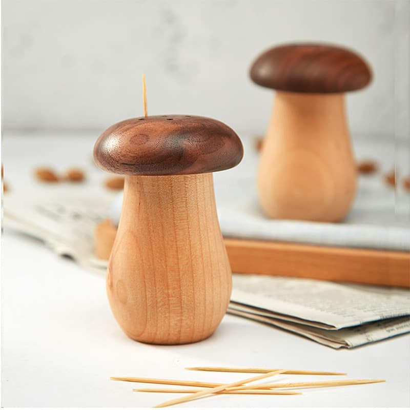 Automatic Mushroom Shaped Real Wood Toothpick Holder Cute Home Living Room Restaurant Design Creative Use Wooden Toothpick Jar