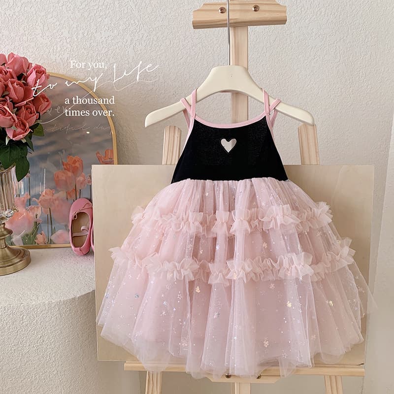 Korean-style Summer Girls 2026 New Fashionable Heart Mesh Tulle Dress Backless Vest Dress Trendy