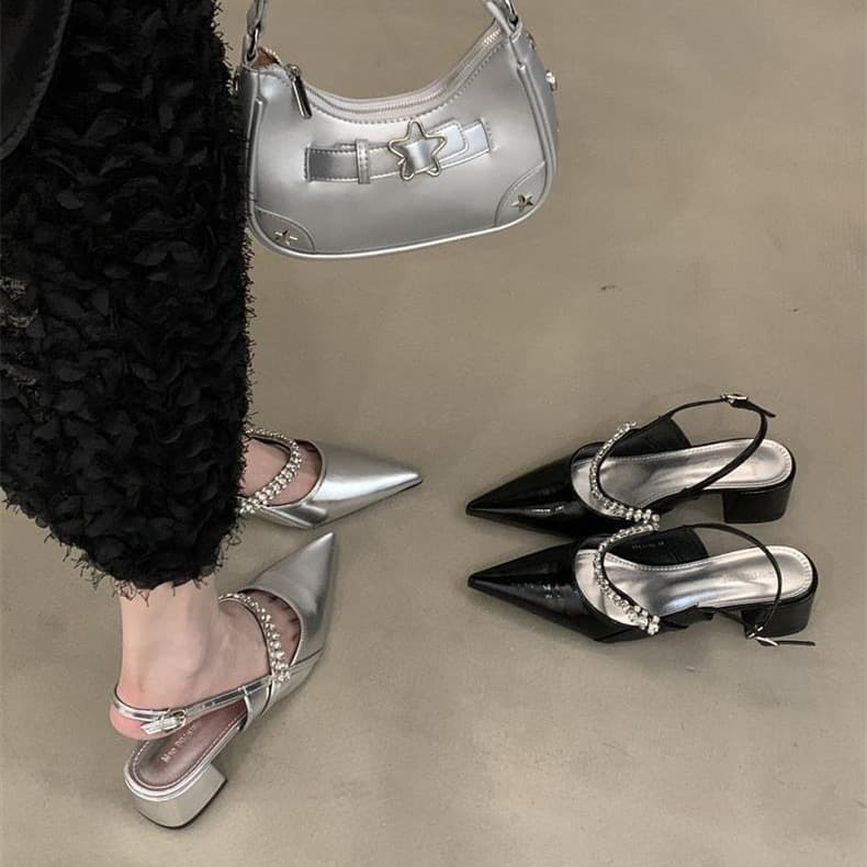 High Heel Silver Open-Toe Women's Sandals 2025 Summer New Style One-Strap Rhinestone Pointed-Toe Low Heel Shoes