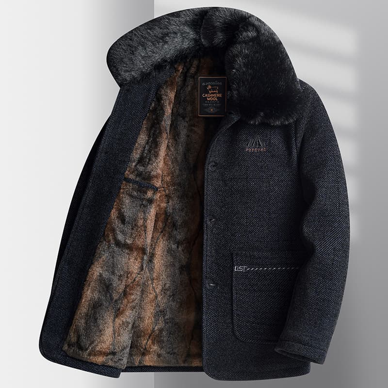 Middle-aged Men's Wool Coat with Fleece Lining Thick Winter Jacket Dad's Cotton Padded Snow Yarn Quilted Coat