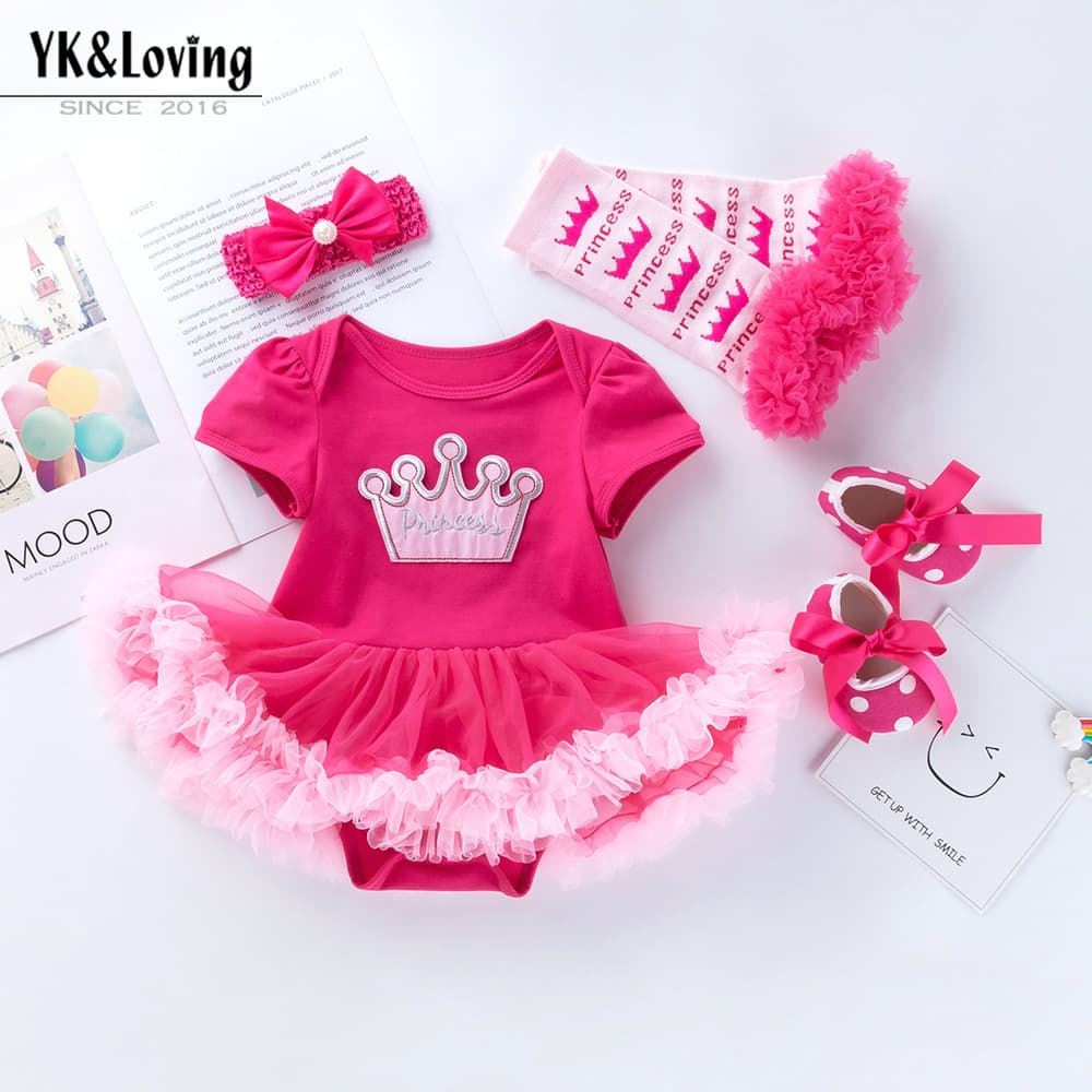 Short-sleeved harem dress, jumpsuit, four-piece suit, rose red baby girl cartoon children's clothing, toddler shoes and socks sets
