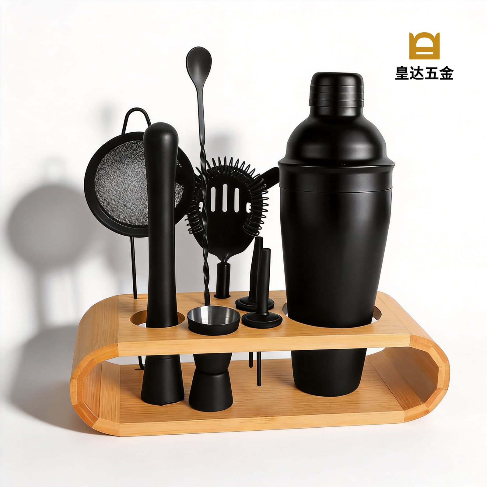 Matte Black Cocktail Tool Set, Bar Shaker Set with Base, Beginner Bartender Starter Set