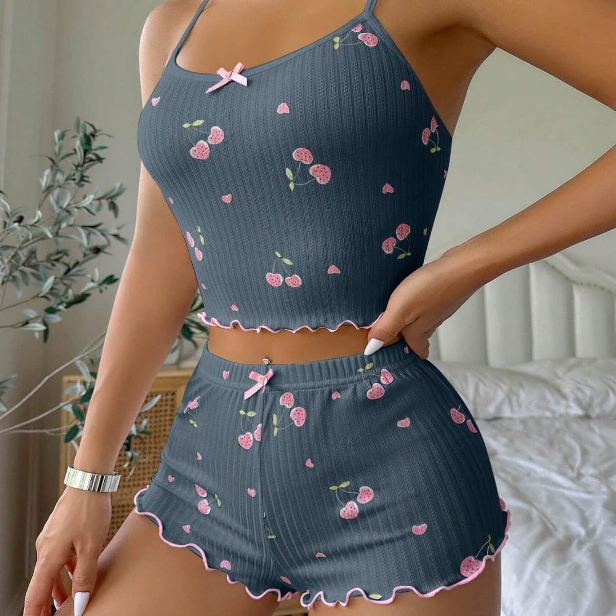Cross-border new style camisole shorts suit bow pajamas women solid color jacquard print cherry pattern home clothes