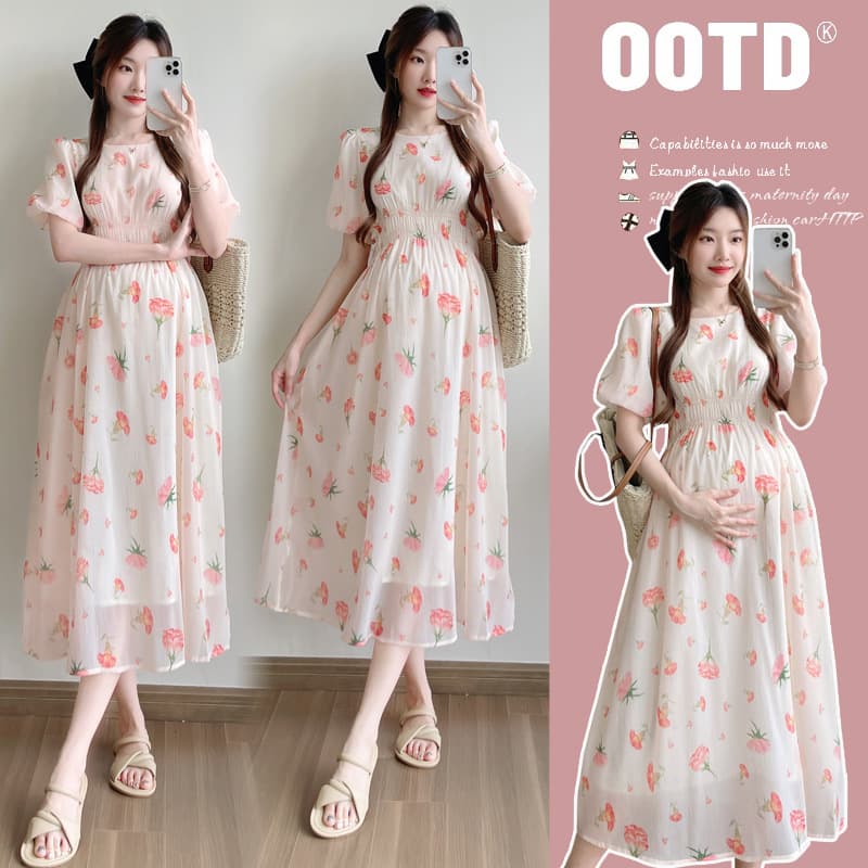 Real Shot of 2026 New Summer Maternity Dress with Puff Sleeves