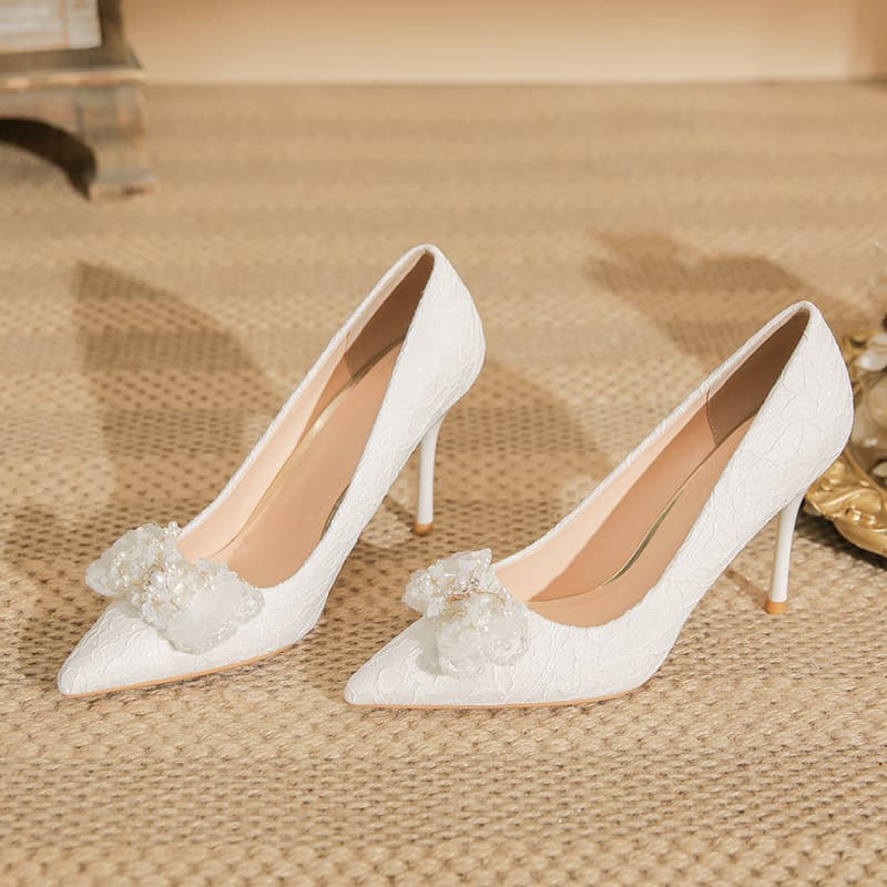 2026 New Pointed Toe Large Size High Heels for Women, Thin Heel White Lace Bow Versatile Wedding Shoes