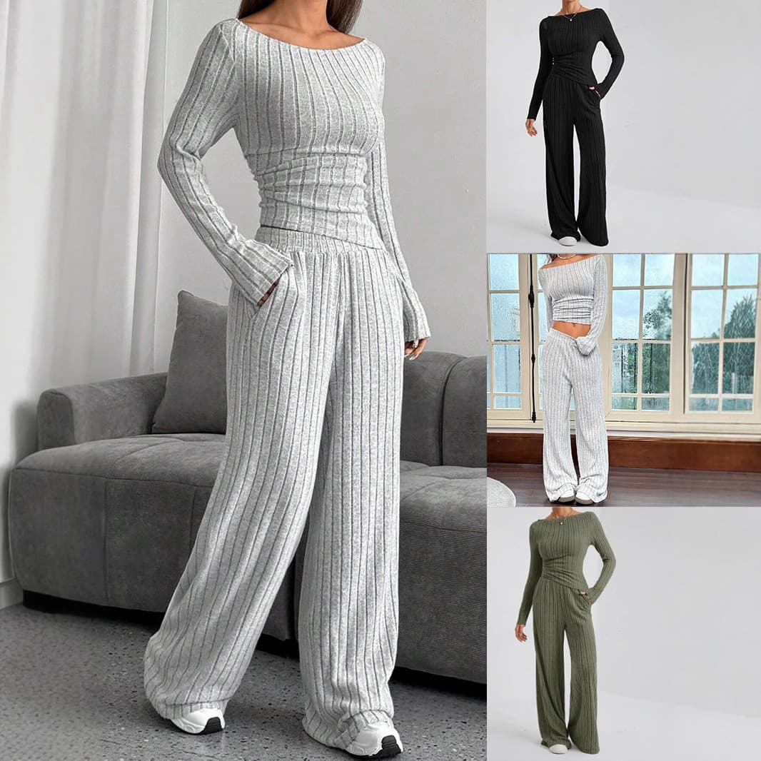 Cross-border Europe and America Autumn/Winter Casual Solid Color High-neck Knitted Long-sleeve Set Women's Export Sweatshirt Loose Pants Two-piece Set