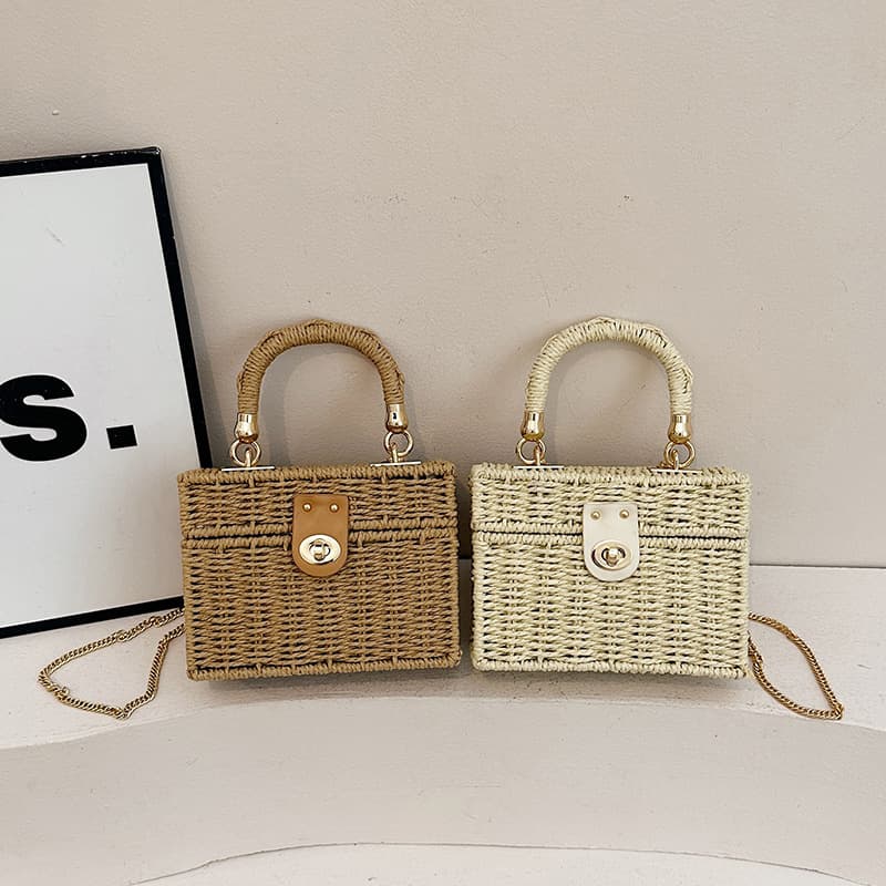 2025 Summer New Straw Woven Bag Retro Small Square Bag Handheld Crossbody Woven Women's Bag Box Bag Fashion Shoulder Bag