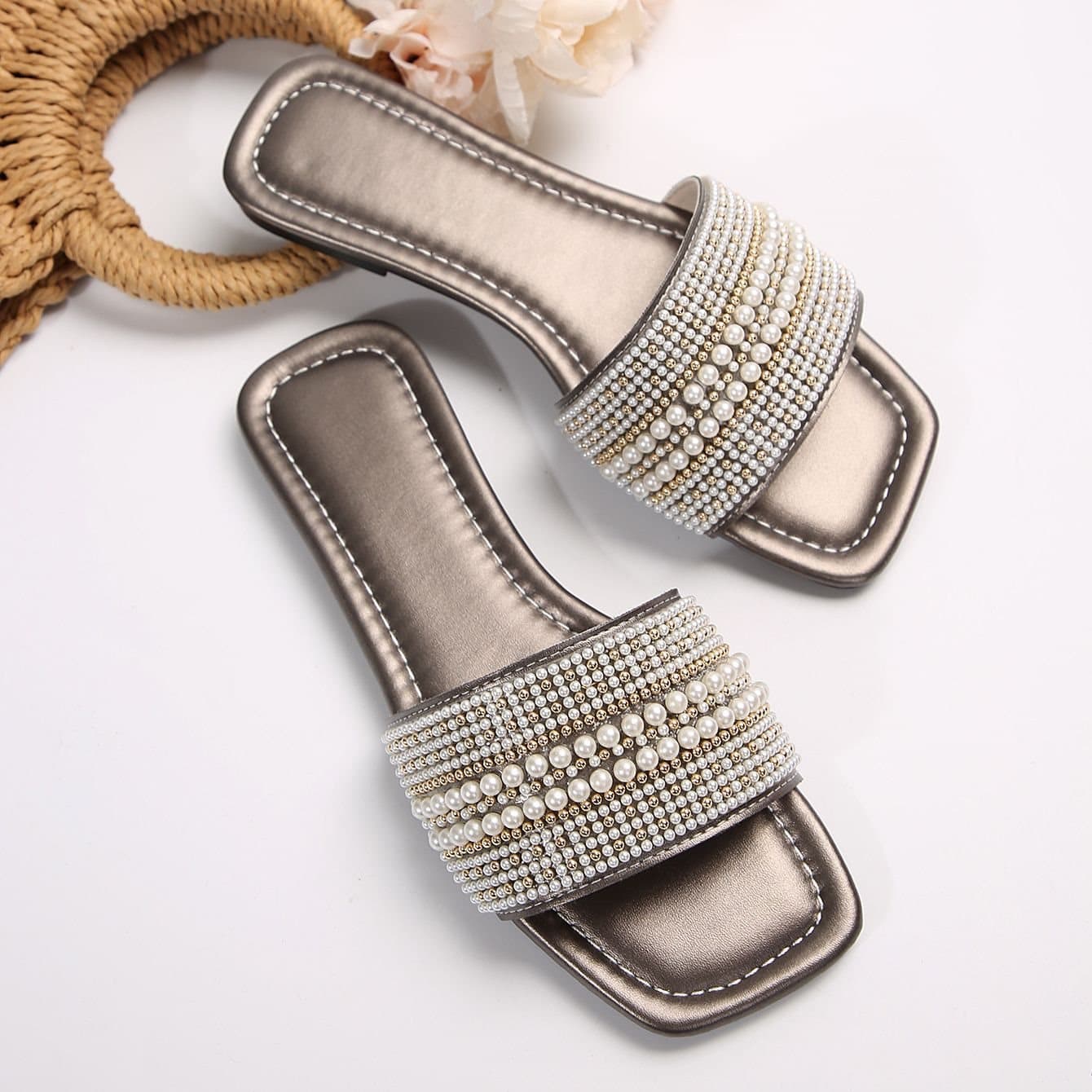 Wholesale 2026 Fashion Summer New Flat Large Size Slippers Casual Square Toe One-Strap Pearl Rhinestone Adult