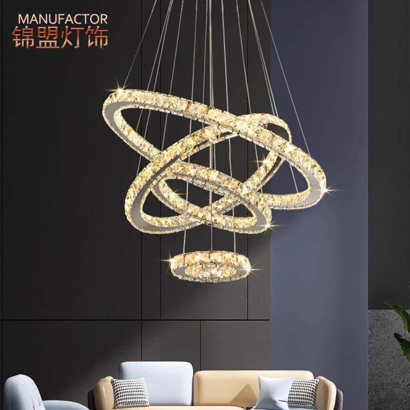 Modern Minimalist Crystal Living Room Chandelier, Grand Duplex Exhibition Hall Round Ring Long Chandelier, Light Luxury Restaurant Lighting