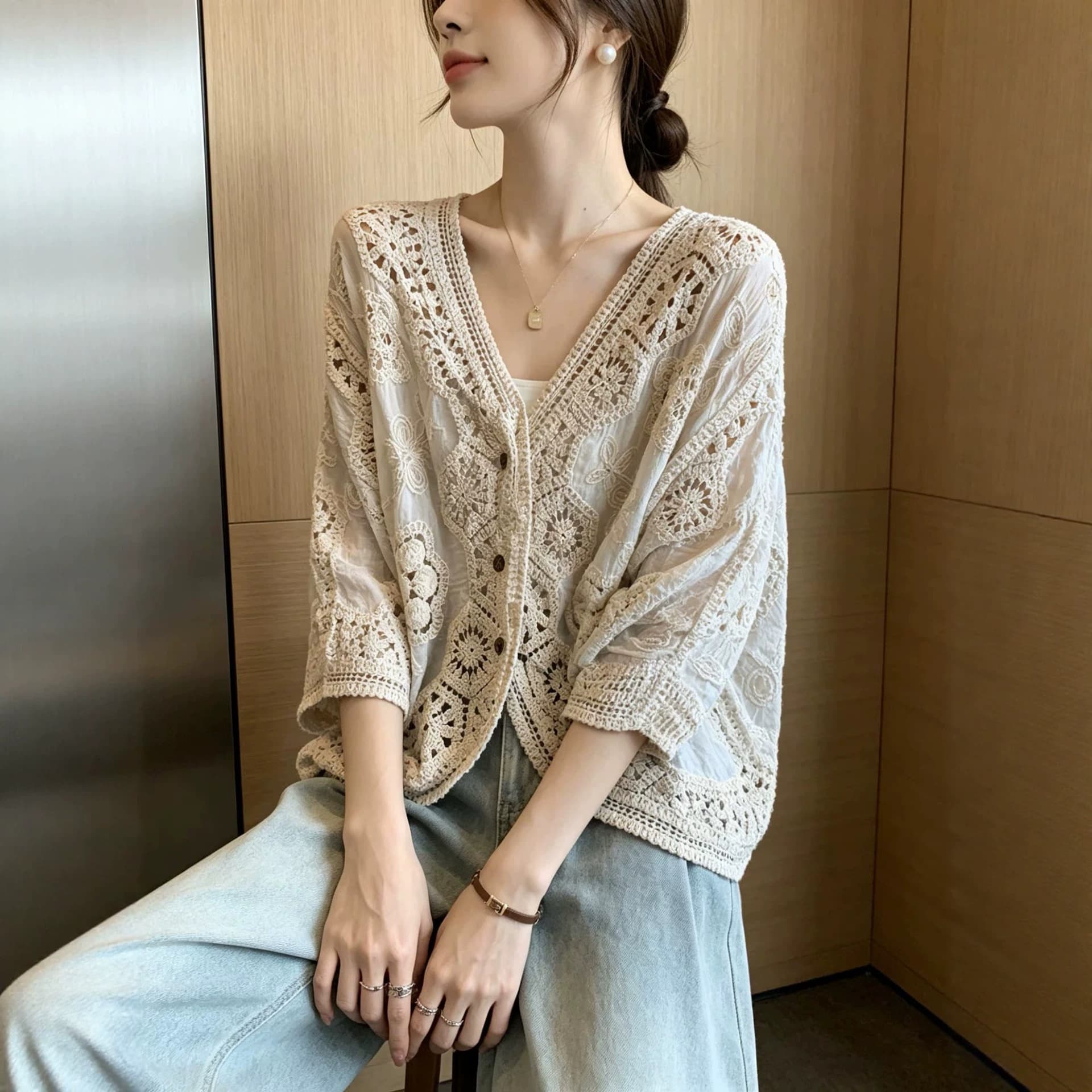 2026 Summer New Bohemian Resort Style Hollow Knit Cardigan Plus Size Women's 3/4 Sleeve Top