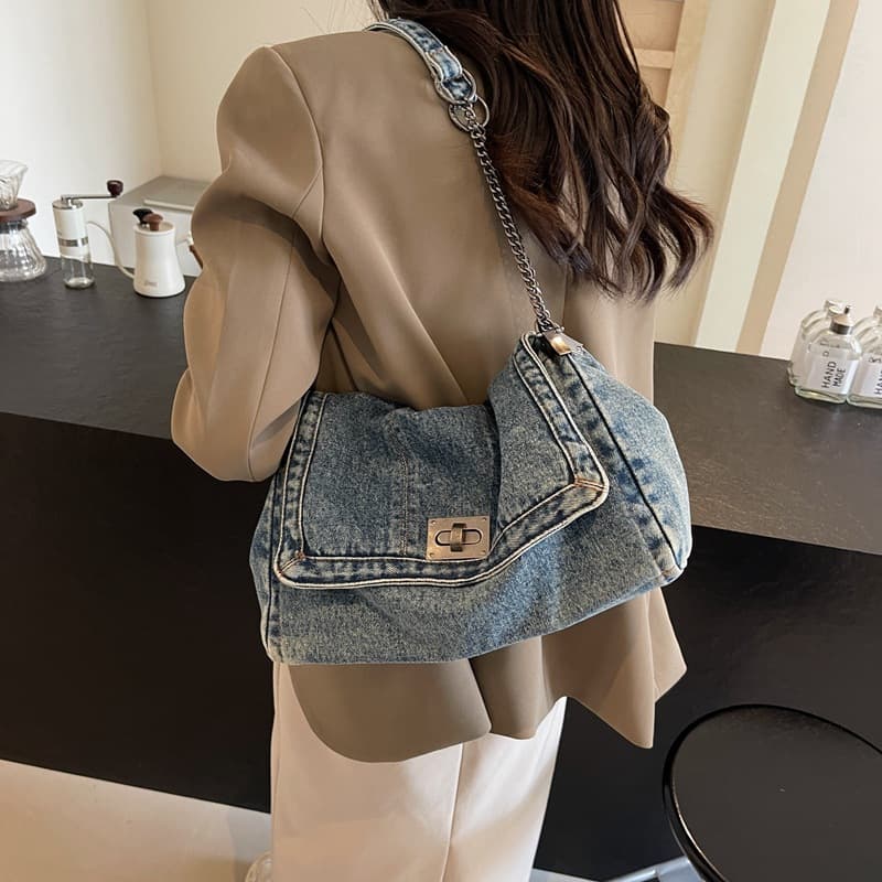 2024 New Autumn/Winter Denim Hobo Bag Chain Bag Large Capacity Shoulder Bag Underarm Bag Women's Versatile Crossbody Bag