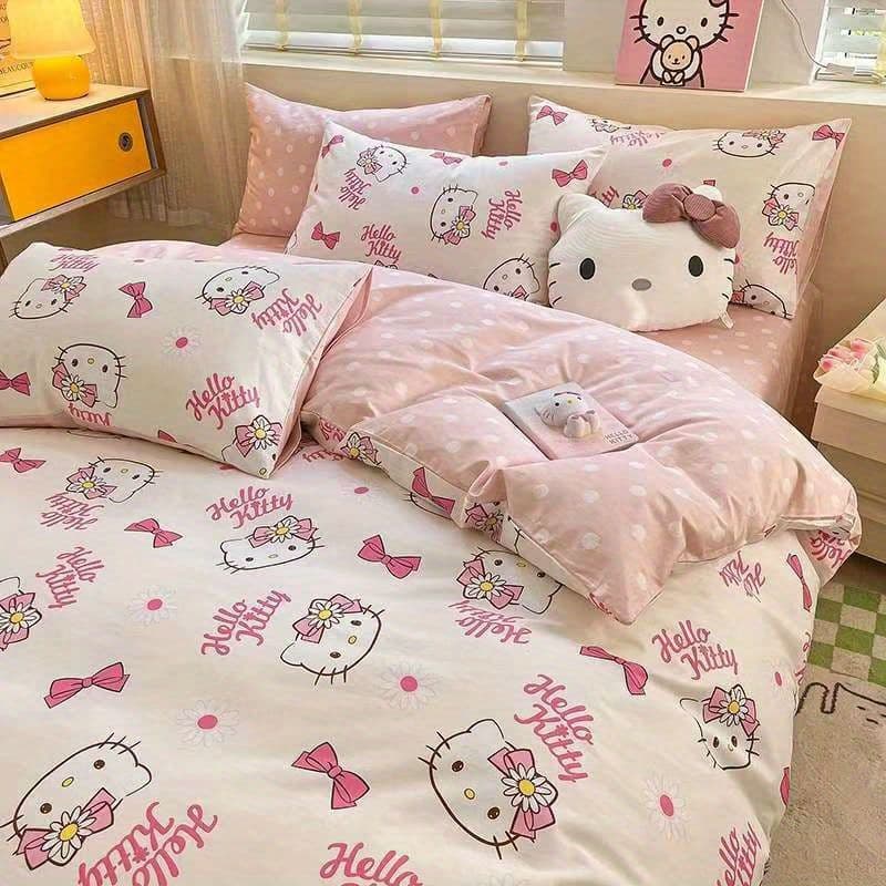 Nanji Ren Cat Print Washed Cotton Bedding Set, Cute Dormitory Sheet and Pillowcase Set, Single 3-Piece Set