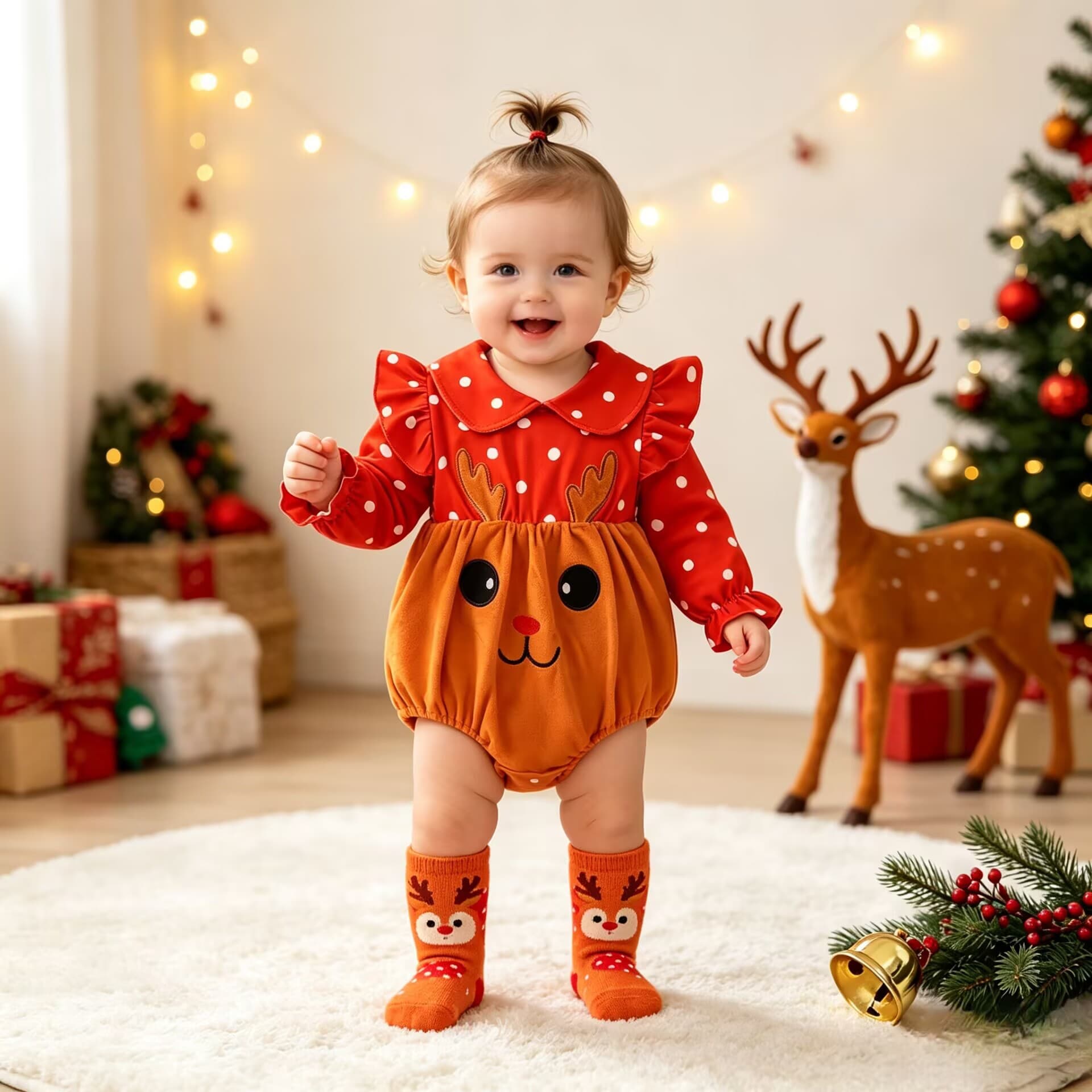 Christmas Deer Baby Clothes Spring and Autumn Polka Dot Long Sleeve Baby Girl One-piece Harness Newborn Outing Romper