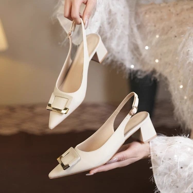 2026 Summer New Fashion Sandals for Women Chunky Heel Square Buckle Backless Pumps Pointed Toe for Dresses High Heels