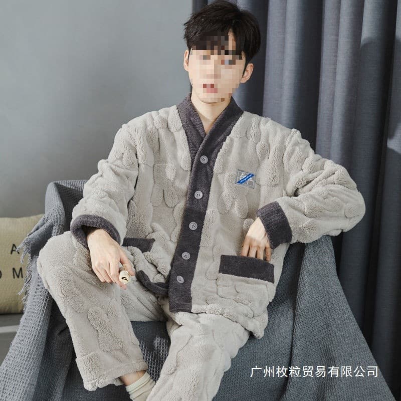 Men's Coral Fleece Pajamas Kimono Collar Flannel Home Clothes Set Winter Outdoor Wearable Four Seasons Warm Home Suit