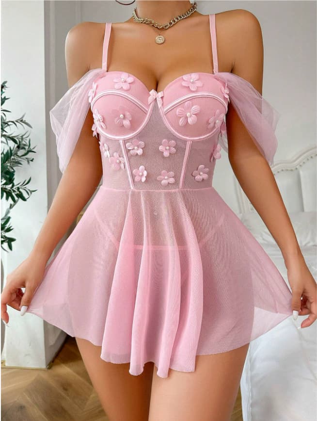 Cross-border Trade New Sexy Lingerie for Women Mesh Embroidery Flower Nightgown Loungewear Sexy Set