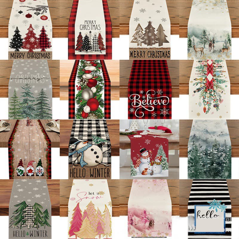Cross-border Christmas Printed Table Runner Home Party Table Decoration Christmas Tablecloth Christmas Tree Snowman Pattern Tablecloth