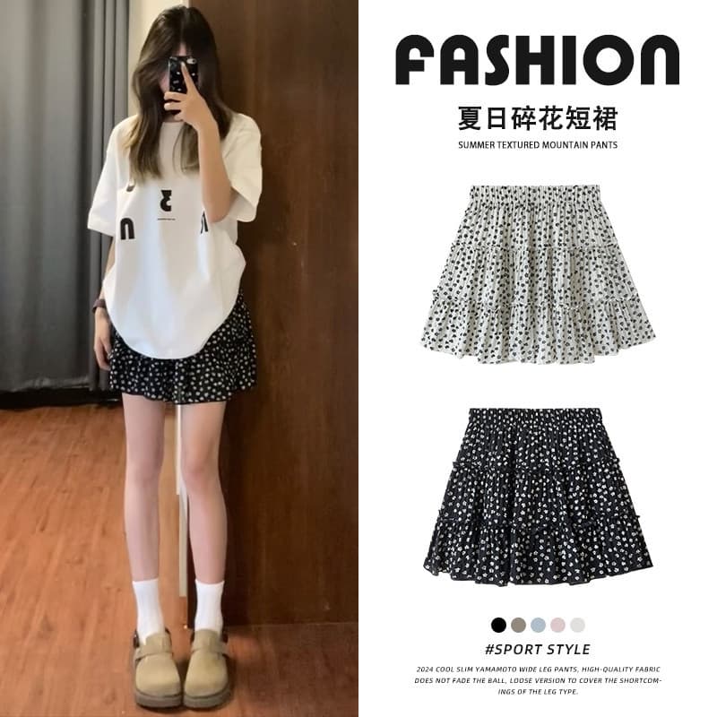 Korean-style Black Floral Short Skirt for Women, Summer 2026 New Tiered Skirt, A-Line Skirt for Petite Women, Half Skirt