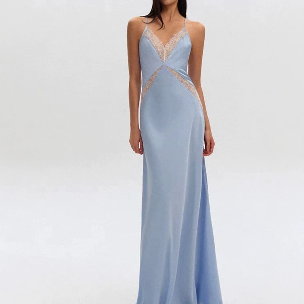 Cross-border e-commerce women's clothing wholesale supply French sexy lace stitching satin texture blue suspender dress