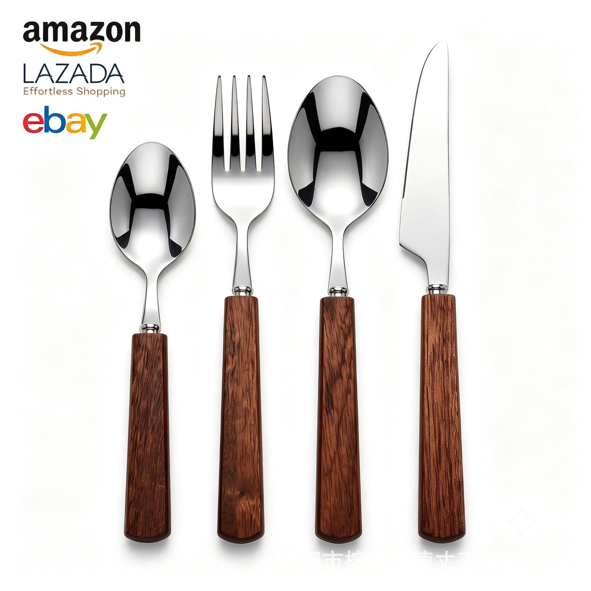 Sapele Wood Handle Stainless Steel Cutlery 4-Piece Set Retro Wood Grain Steak Knife Fork Spoon Home Western Restaurant Set