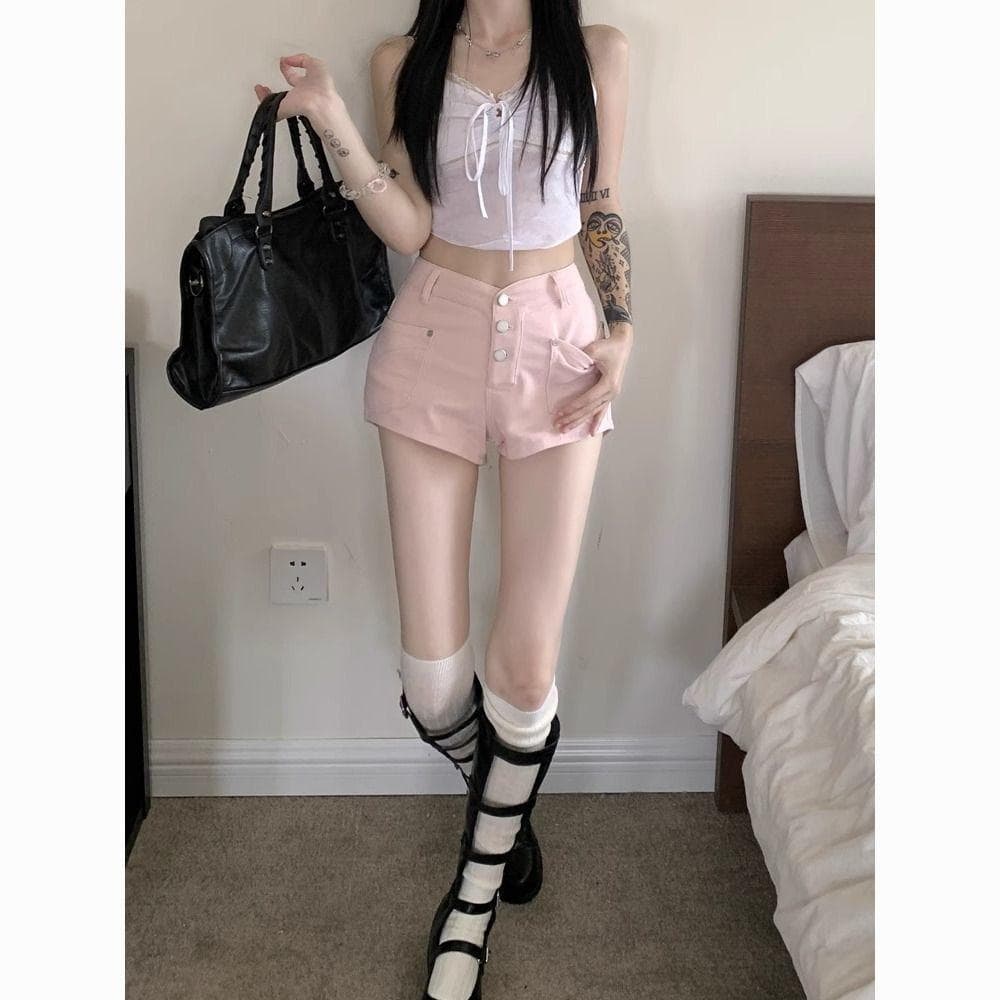Pink Denim Shorts for Women Spring Summer American Style Tight Sexy Hot Pants High-Waist Slim Fit Straight Leg