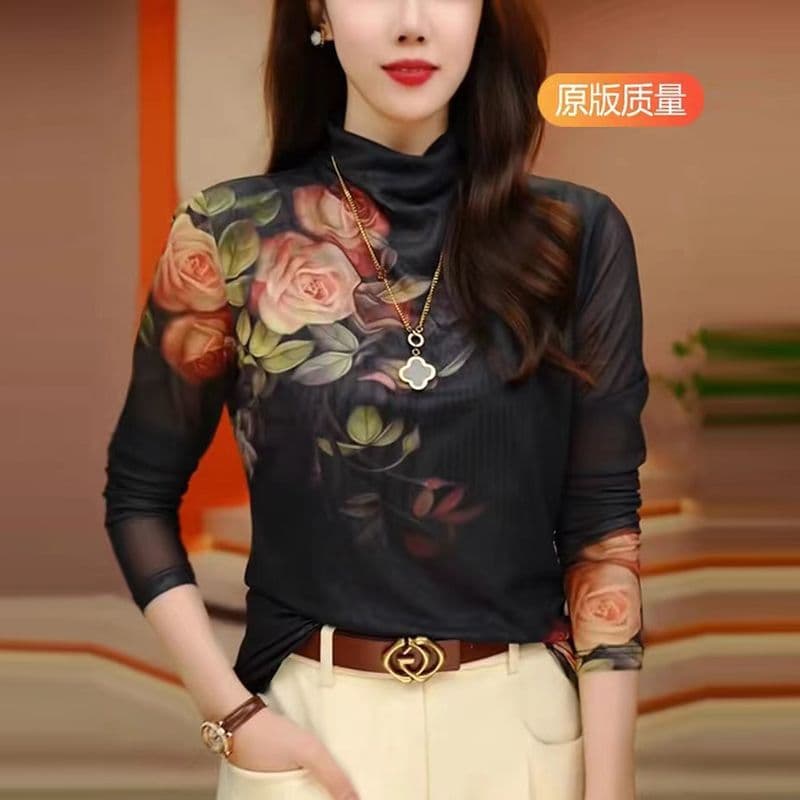 High-end European-style mesh base layer top, fashionable printed long-sleeve T-shirt, trendy new spring and autumn top for women