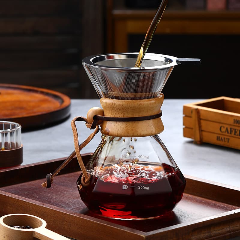 Thickened Wood Chip Coffee Pot Pour-Over Coffee Set, Household High Borosilicate Glass Coffee Server, Anti-Scald Wooden Handle