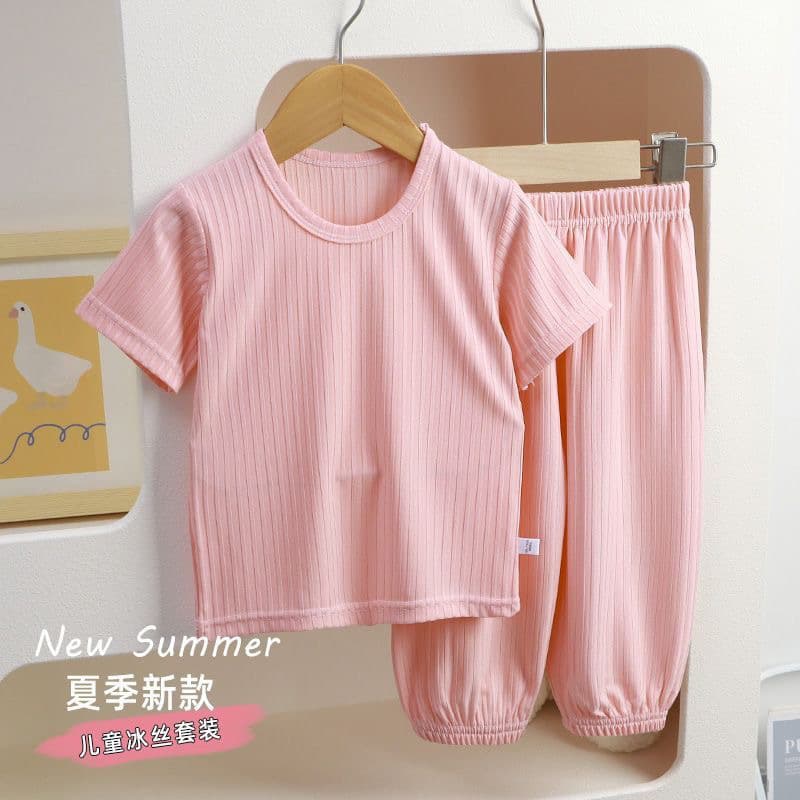 Summer children's ice silk short-sleeved suit for boys and girls, thin home clothes, baby pajamas, pajamas, air-conditioned clothes, leggings
