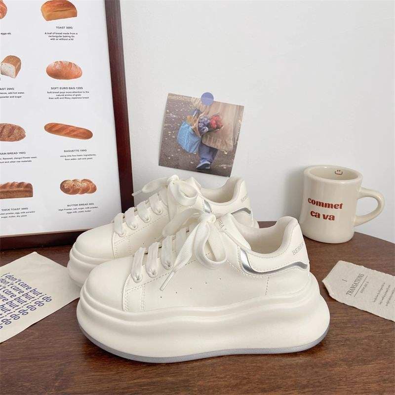 Pink Chunky Sole Platform Sneakers Women's Thick Sole 2025 Spring New Chic Bread Shoes Casual White Shoes