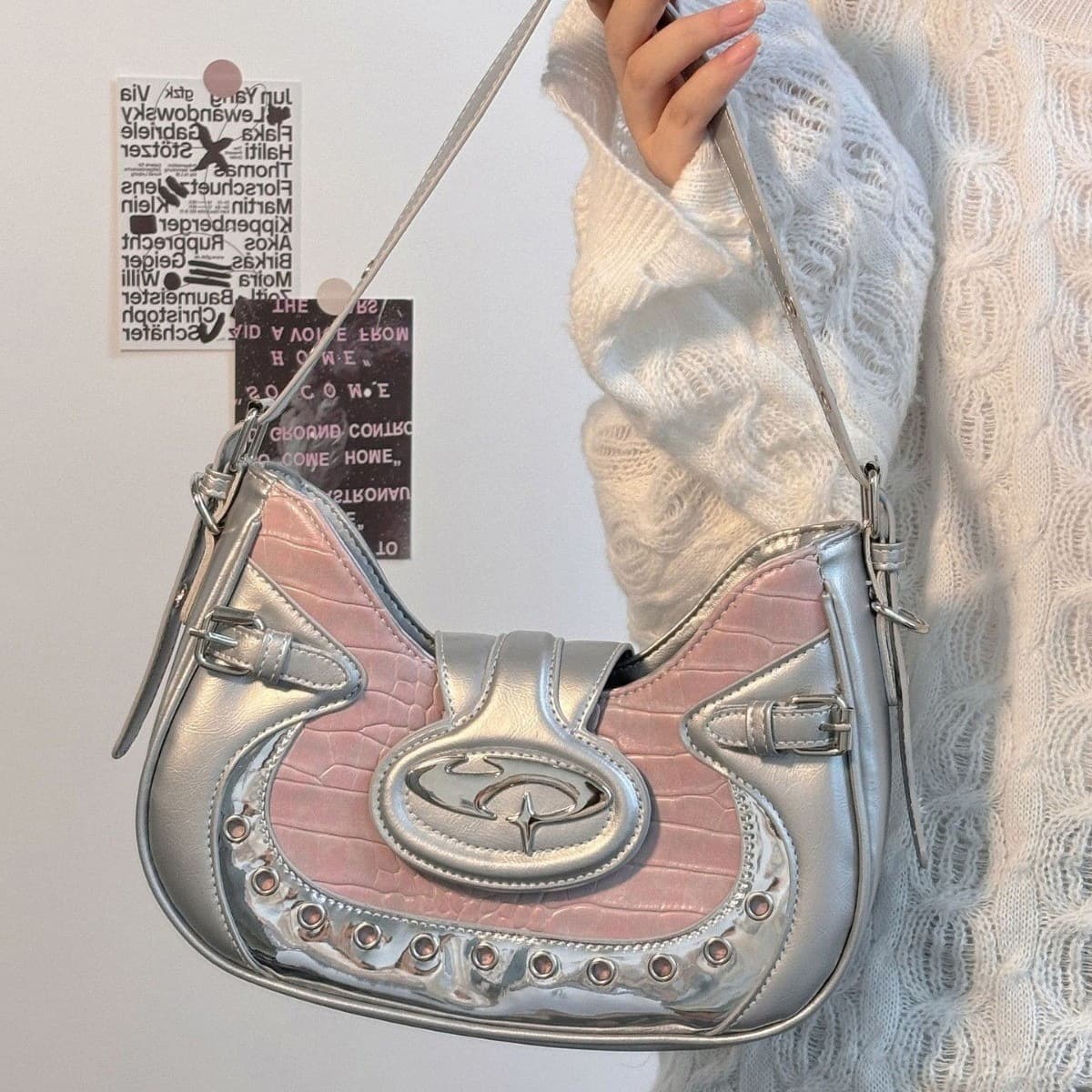 2026 Millennium Hot Girl Motorcycle Bag Women’s Niche Design Crocodile Pattern Underarm Bag Single Shoulder Crossbody Bag Silver Versatile