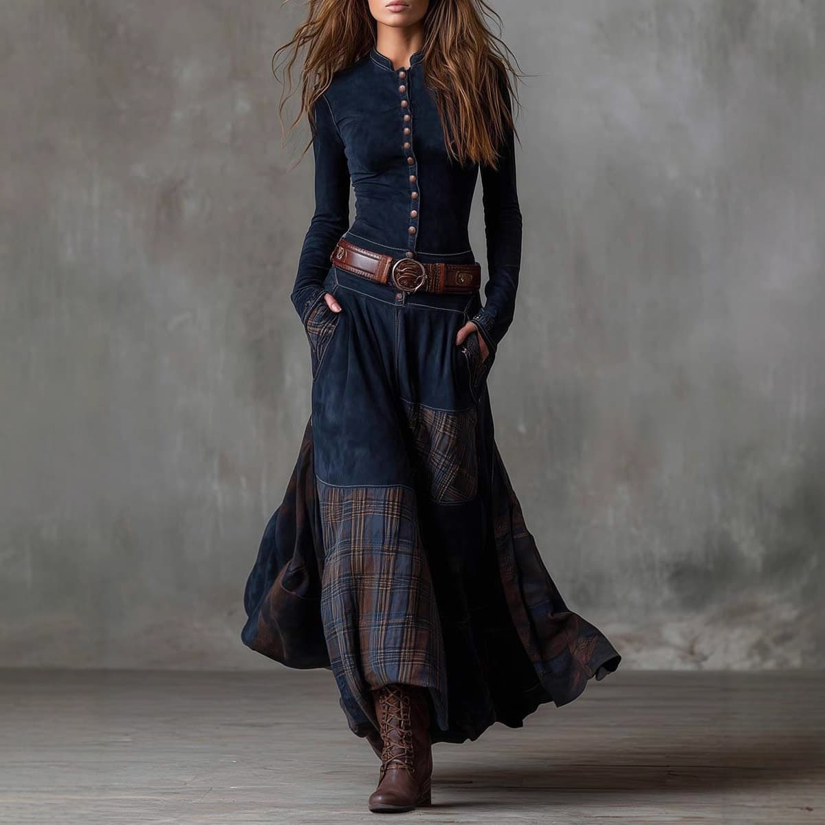 2025 Independent Station foreign trade suede plaid patchwork retro temperament dress with pockets, buttons and belt skirt