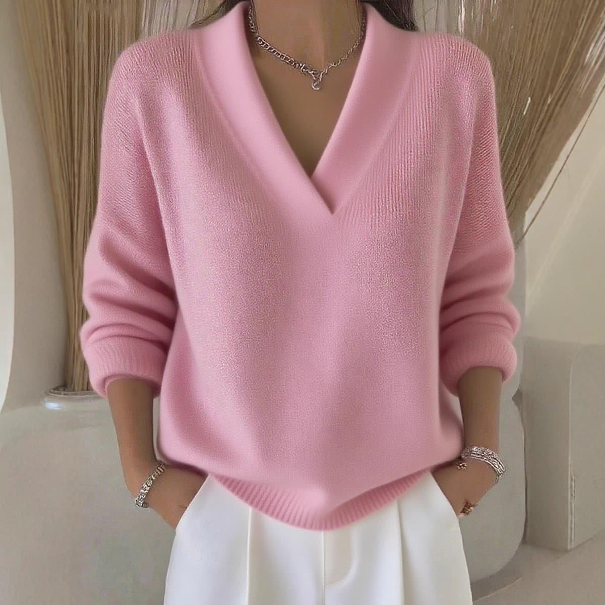 2025 European and American style knitted V-neck loose sweater, new autumn and winter style, cross-border solid color casual fashion women's knitwear.
