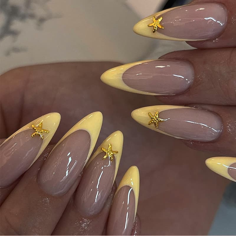 European and American Cross-border Sweet Press-on Nails Starfish Gentle Cream Yellow French Style Wearable Fake Nails Finished Product